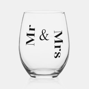 Modern Minimalist Typography Mr and Mrs Wedding  Stemless Wine Glass