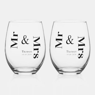 Modern Minimalist Typography Mr and Mrs Wedding  Stemless Wine Glass