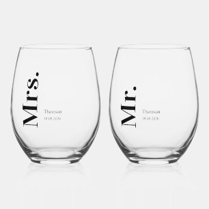 Modern Minimalist Typography Mrs & Mr Wedding Stemless Wine Glass