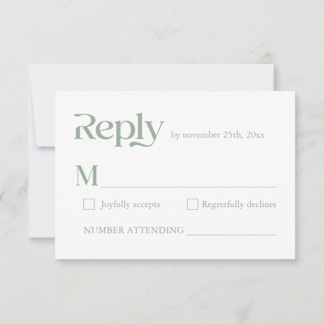 Modern Minimalist Typography Sage Green Wedding RSVP Card (Front)