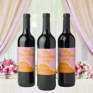 Modern Minimalist Vibrant Orange and Pink Wedding Wine Label
