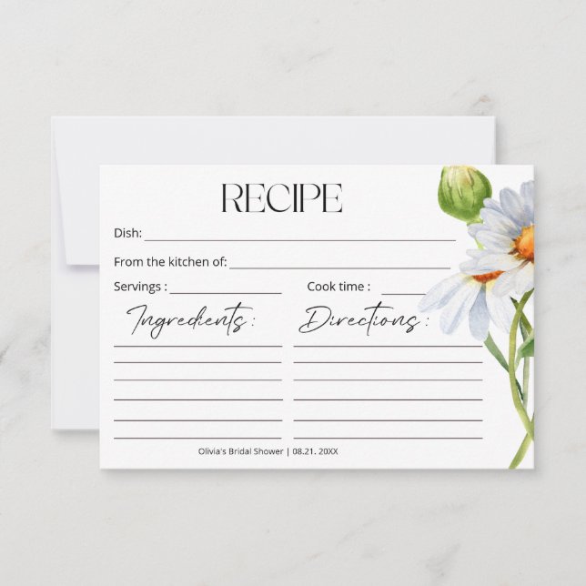 Modern Minimalist Watercolol Daisy recipe card (Front)