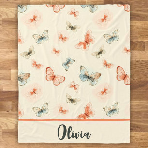 Modern Minimalist Watercolor Butterflies Fleece Blanket