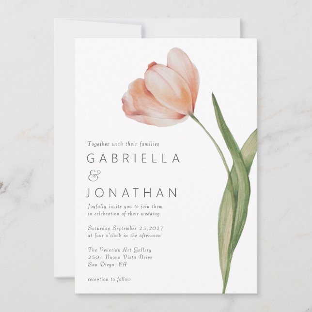 Modern Minimalist Watercolor Tulip Wedding Invitation (Front)