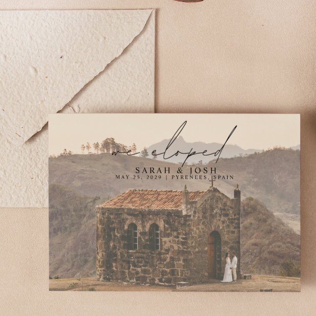 Modern Minimalist We Eloped Script Photo Wedding Announcement (Just Us, Forever. #Eloped)