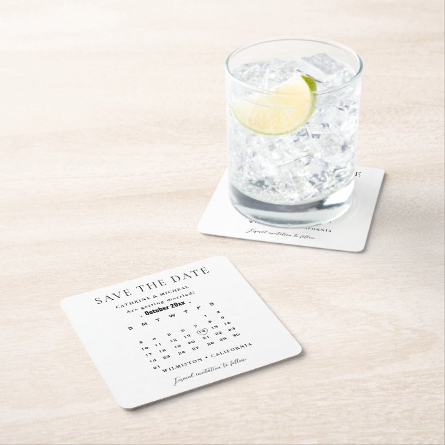 Modern Minimalist Wedding Calendar save the date Square Paper Coaster (Insitu)