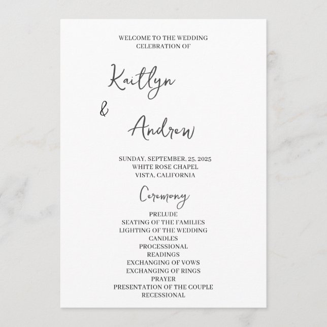 Modern Minimalist Wedding Ceremony, Handwritten  Programme (Front)
