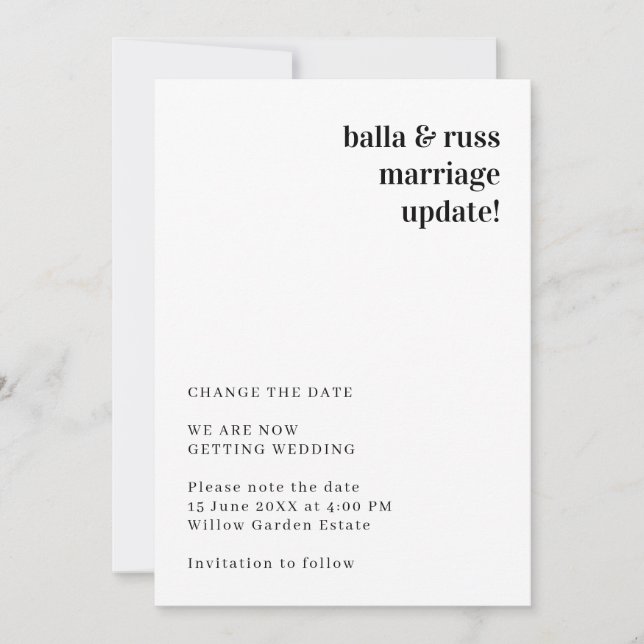 Modern Minimalist Wedding Change of Plans Announcement (Front)