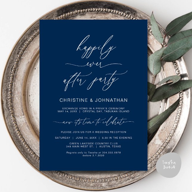 Modern Minimalist Wedding Elopement Party Dinner Invitation (Wedding Happily Ever After Party Dinner Brunch Elopement Invitation Card, PDF, Navy Blue)