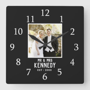 Modern Minimalist Wedding Photo Black And White Square Wall Clock