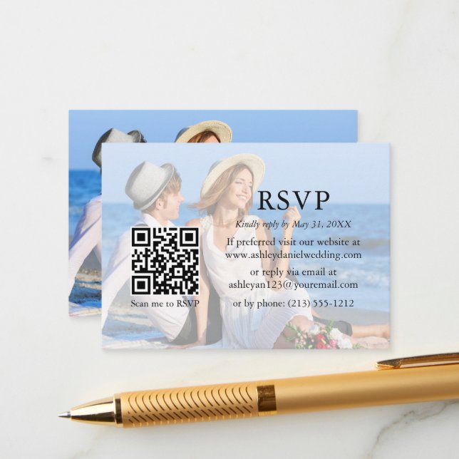 Modern Minimalist Wedding QR RSVP Overlay Photo Enclosure Card (Front/Back In Situ)