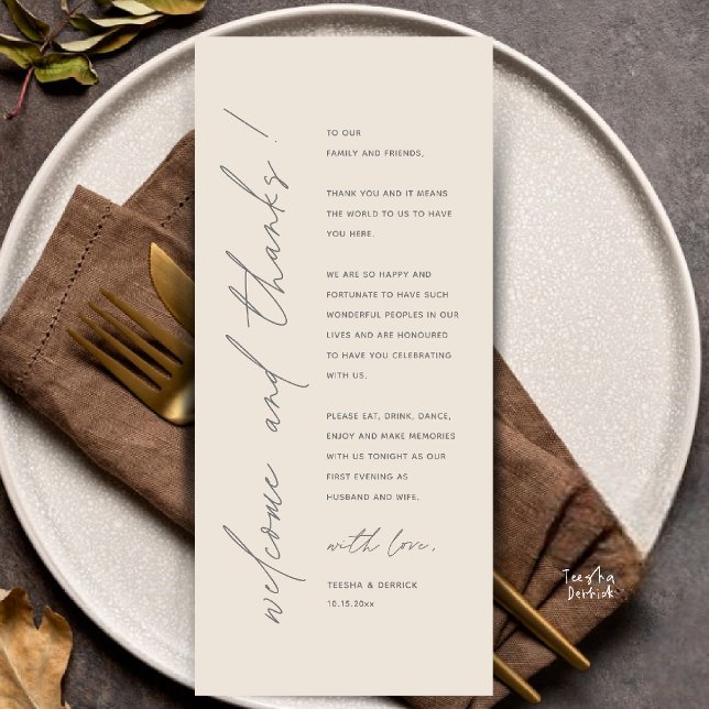 Modern Minimalist Wedding Reception Thank You Card (Modern Minimalist Wedding Reception Dinner Thank You Card in Cream Grey)