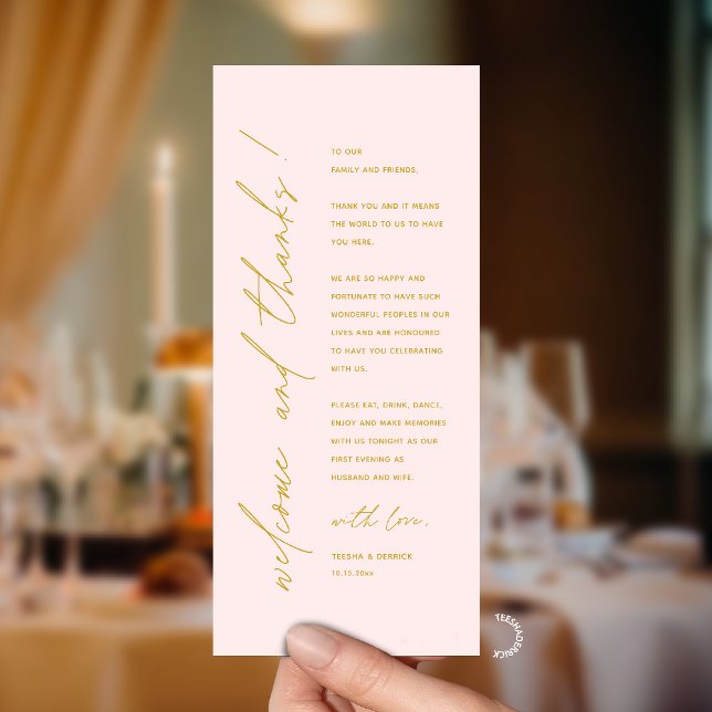 Modern Minimalist Wedding Reception Thank You Card (Modern Minimalist Wedding Reception Dinner Thank You Card in blush and gold)