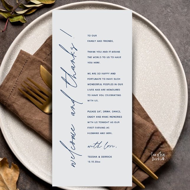 Modern Minimalist Wedding Reception Thank You Card (Modern Minimalist Wedding Reception Dinner Thank You Card in navy blue and grey tones)