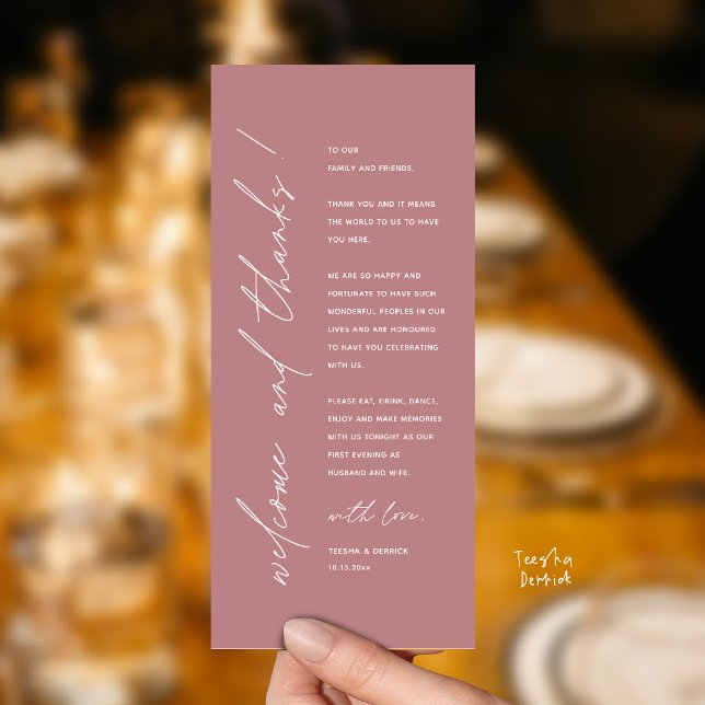 Modern Minimalist Wedding Reception Thank You Card (Modern Minimalist Wedding Reception Dinner Thank You Card in dusty rose pink)