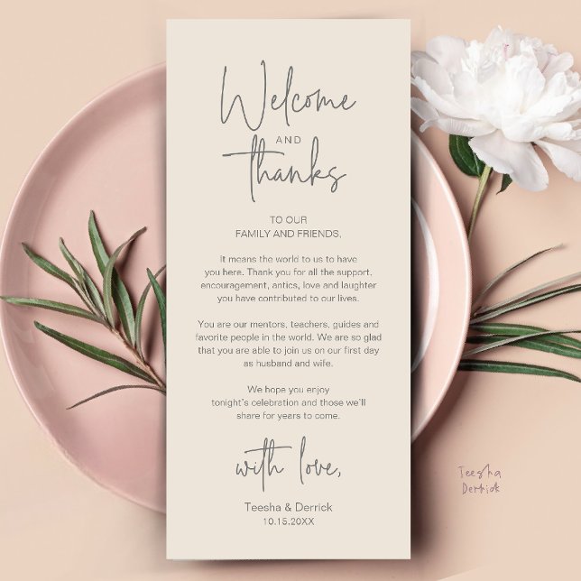 Modern Minimalist Wedding Reception Thank You Card (Modern Minimalist Wedding Reception Thank You Dinner Lunch Brunch Party Card in Cream Grey)