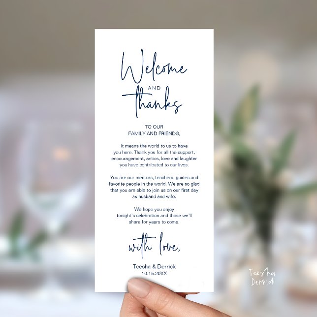 Modern Minimalist Wedding Reception Thank You Card (Modern Minimalist Wedding Reception Thank You Dinner Lunch Brunch Party Card in Navy Blue)