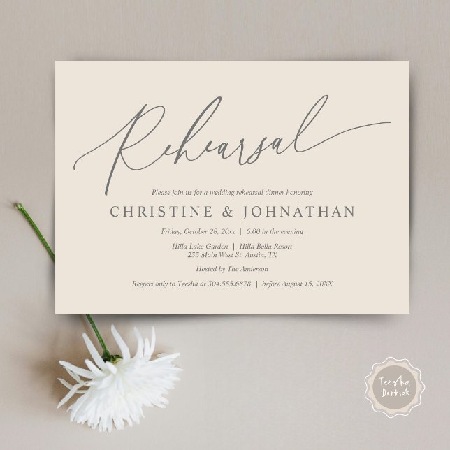 Modern Minimalist, Wedding Rehearsal and Dinner Invitation (Wedding Rehearsal Dinner Invitation Card, PDF, Modern Minimalist Handwriting, in Cream Grey)