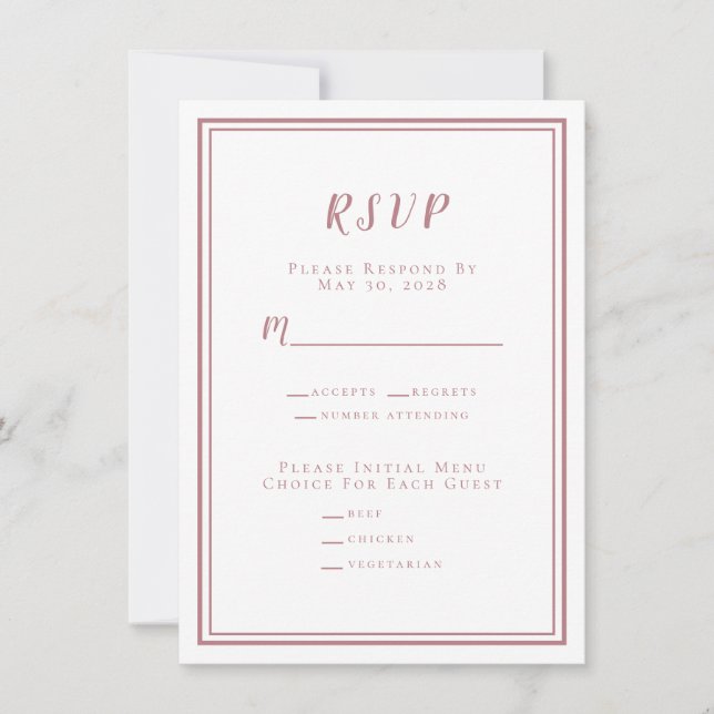 Modern Minimalist Wedding RSVP Menu Dusty Rose (Front)