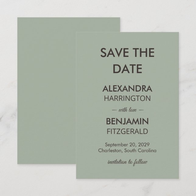 Modern Minimalist Wedding | Sage Green Timeless  Save The Date (Front/Back)