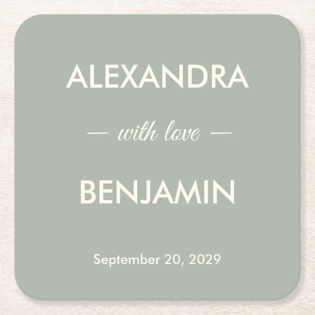 Modern Minimalist Wedding | Sage Green Timeless  Square Paper Coaster (Front)