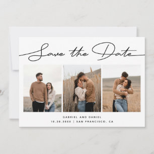 Modern Minimalist Wedding Script Three Photo Save The Date