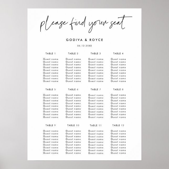Modern Minimalist wedding seating chart (Front)