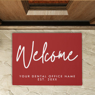 Modern Minimalist Welcome Script Dental Office Red Doormat