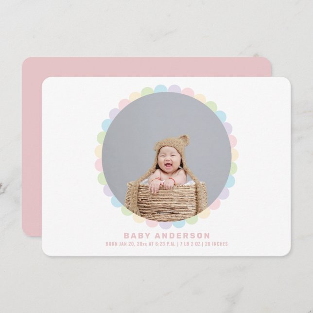 Modern Minimalist Whimsical Baby Girl Photo Birth Announcement (Front/Back)