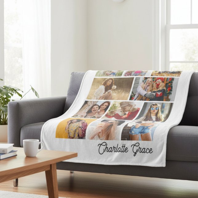 Modern Minimalist White 10 Photo Collage With Name Fleece Blanket (Creator Uploaded)