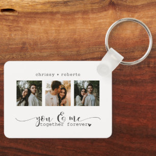 Modern Minimalist White 3 Photo Script Collage Key Ring
