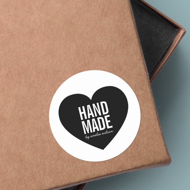 Modern Minimalist White and Black Handmade Heart Classic Round Sticker (Creator Uploaded)