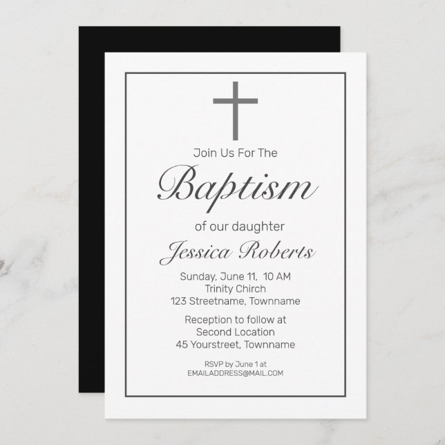 Modern Minimalist White Black Baptism Invitation (Front/Back)