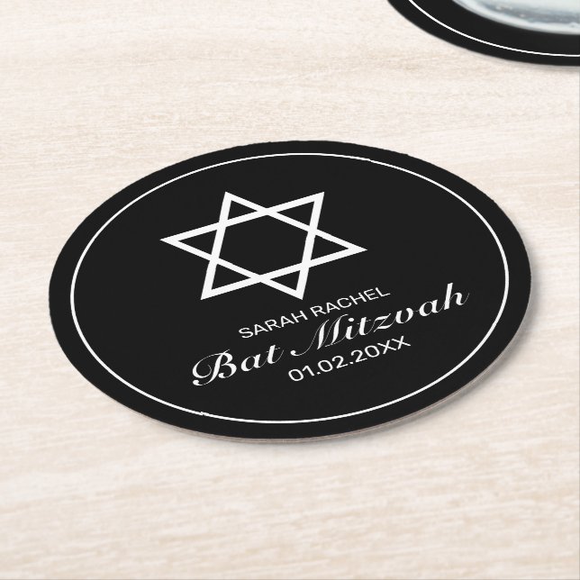 Modern Minimalist White Black Bar Bat Mitzvah Round Paper Coaster (Angled)