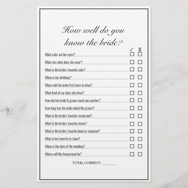 Modern Minimalist White Black Bridal Shower Game (Front)