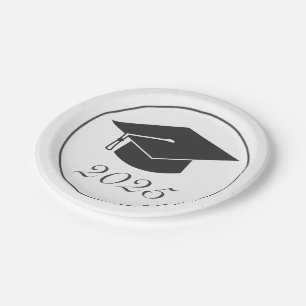 Modern Minimalist White Black Graduation Hat Paper Plate