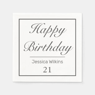 Modern Minimalist White Black Happy Birthday Napkin