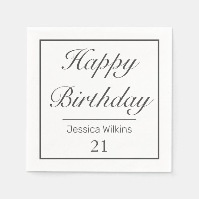 Modern Minimalist White Black Happy Birthday Napkin (Front)