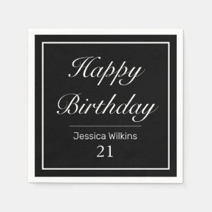 Modern Minimalist White Black Happy Birthday Napkin