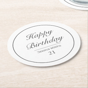 Modern Minimalist White Black Happy Birthday Round Paper Coaster