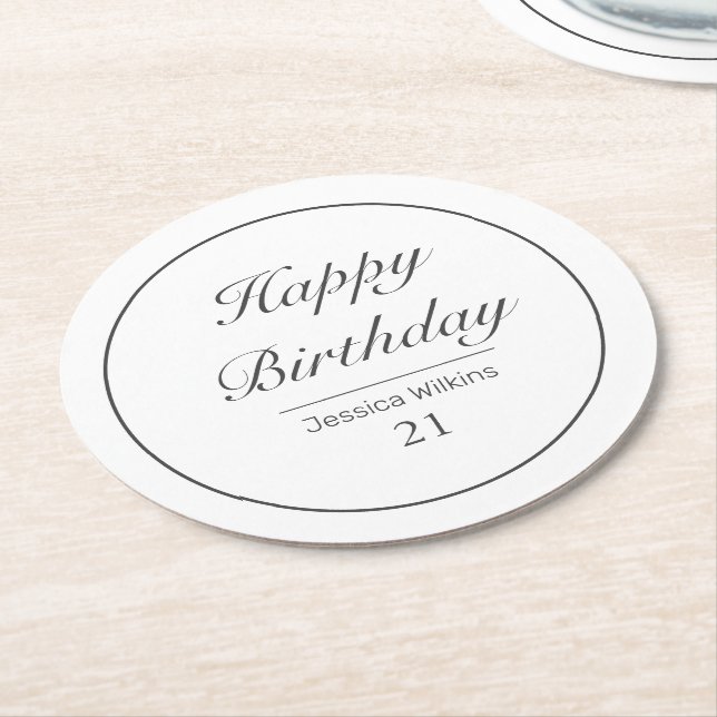 Modern Minimalist White Black Happy Birthday Round Paper Coaster (Angled)
