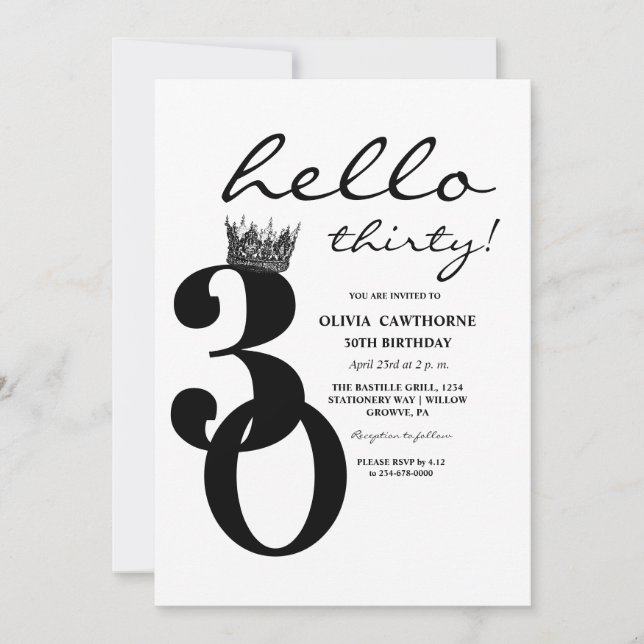Modern Minimalist White Black Photo 30th Birthday Invitation (Front)