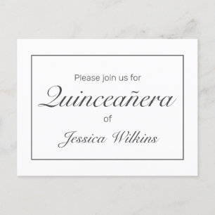 Modern Minimalist White Black Quinceañera Announcement Postcard