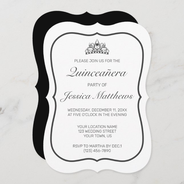 Modern Minimalist White Black Quinceañera Invitation (Front/Back)