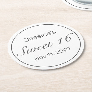 Modern Minimalist White Black Sweet 16 Round Paper Coaster