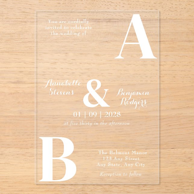 Modern Minimalist White Initial Wedding Acrylic Invitations (Front)