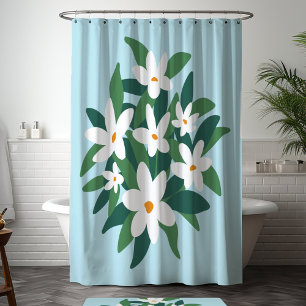 Modern Minimalist White Jasmine Floral on Blue Shower Curtain
