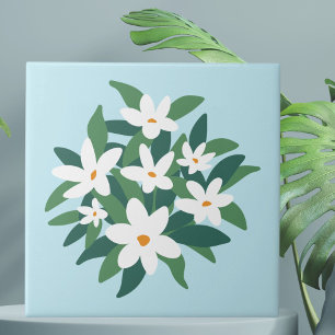 Modern Minimalist White Jasmine Floral on Blue Tile