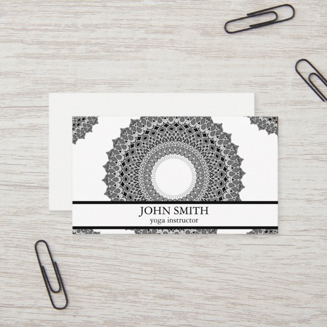Modern Minimalist White Mandala Yoga Instructor Business Card (Front/Back In Situ)