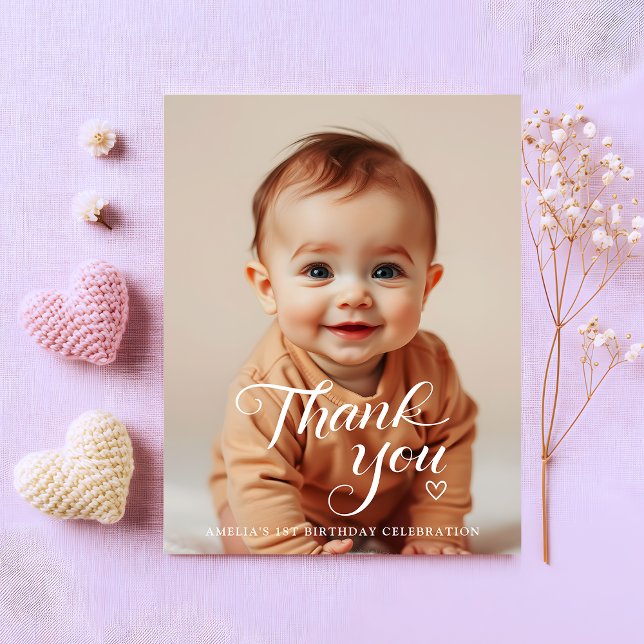 Modern Minimalist White Script Birthday Photo Thank You Card (Creator Uploaded)